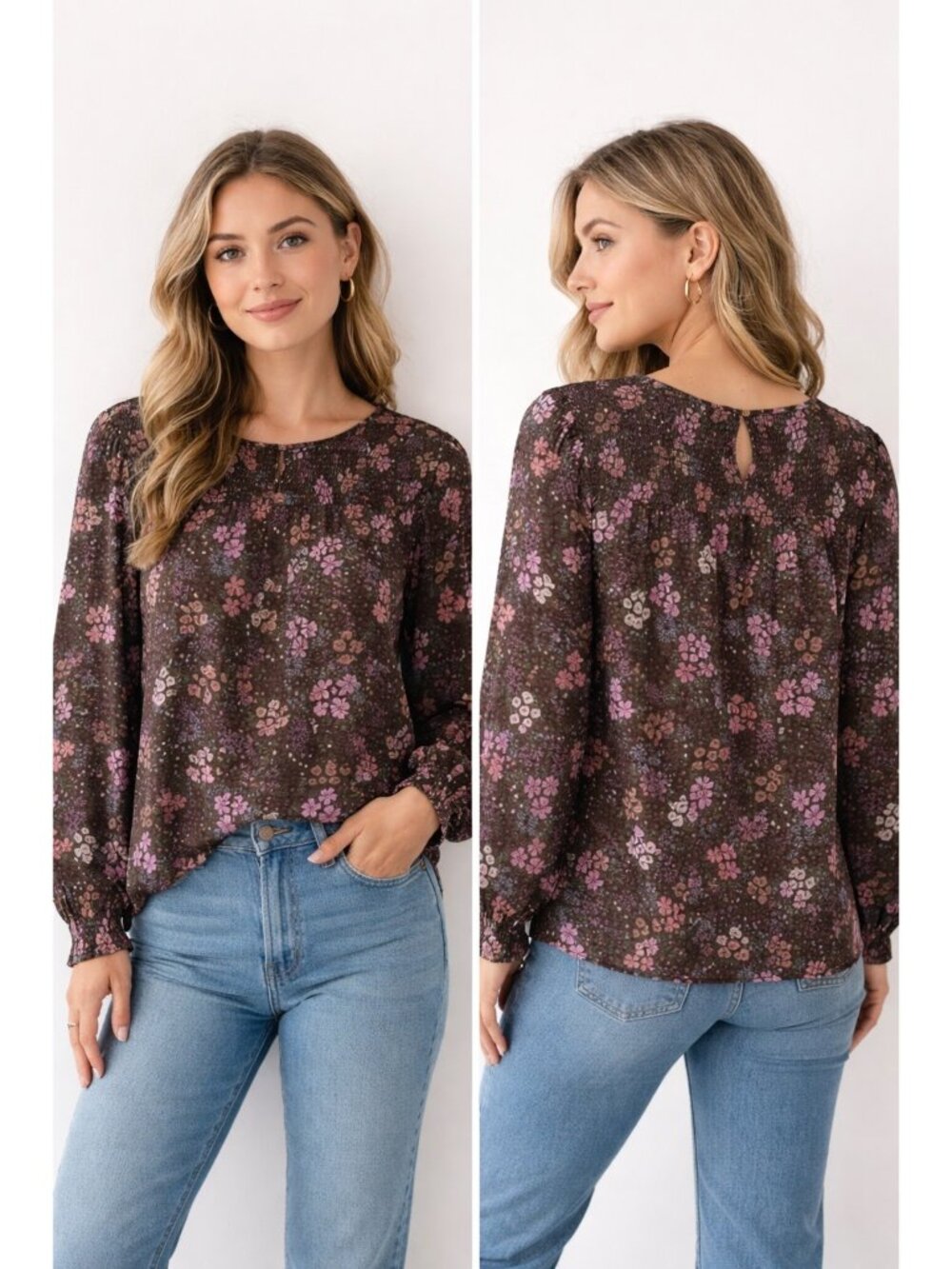 Summersalt Blouse Large Brown Boho Floral Cotton Smocked Mock Neck Cottagecore